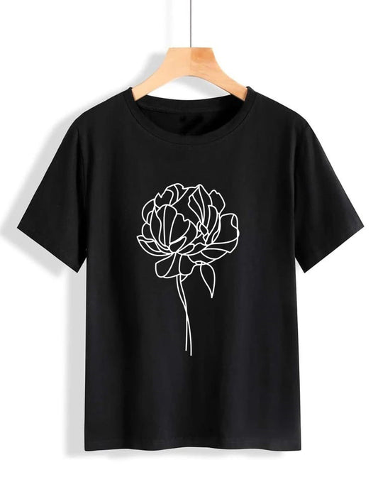 Sketched Rose Croptop Round Neck UniSex T-Shirt